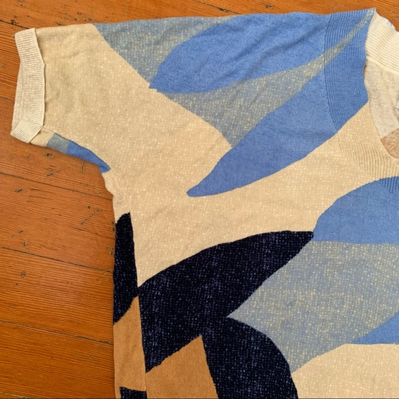 Nic+Zoe OCEAN ISLE Short Sleeve V Neck Loose Fitting Blue Geometric Knit SWEATER - Picture 16 of 16